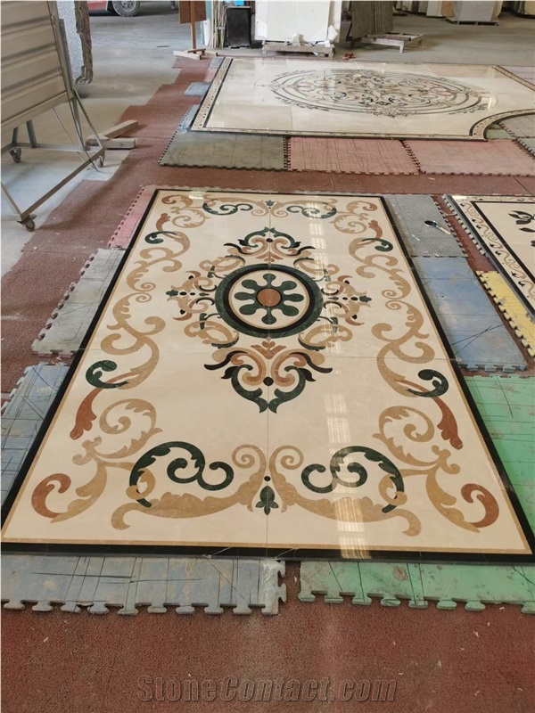Crema Marfil With Green Marble Floor Waterjet Medallions