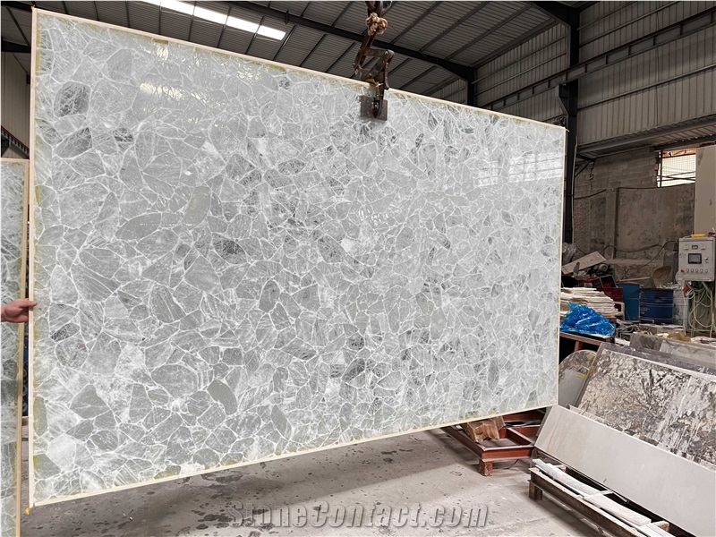 Backlight White Crystal Quartz Gem Stone Slab, Semiprecious Luxury Slabs