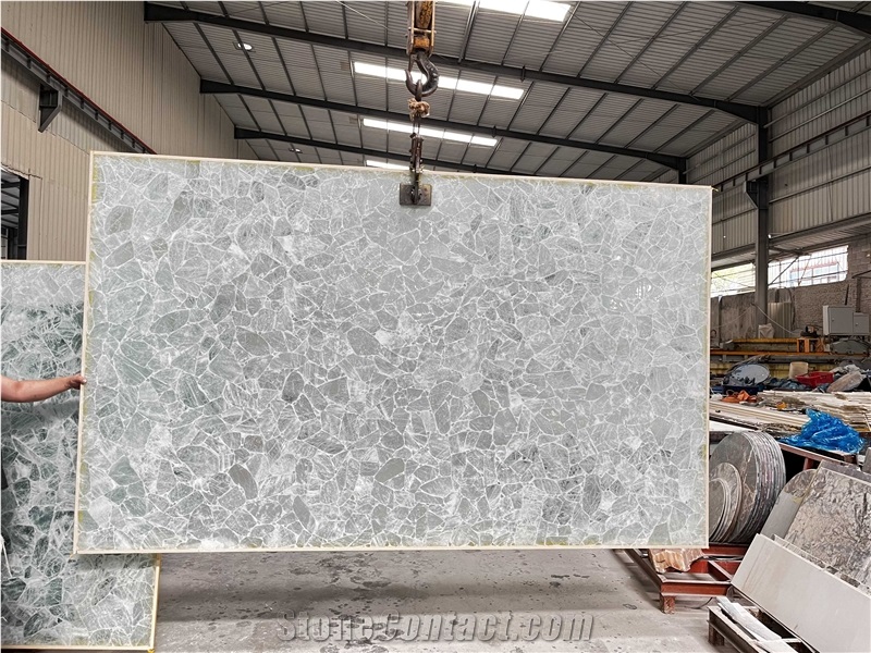Backlight White Crystal Quartz Gem Stone Slab, Semiprecious Luxury Slabs