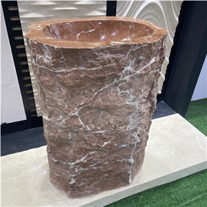 Natural Red Marble Hands Free Hand Sink With Pedestal Base