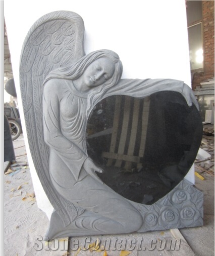 Black Granite Angel Statue Love Tombstone Headstone