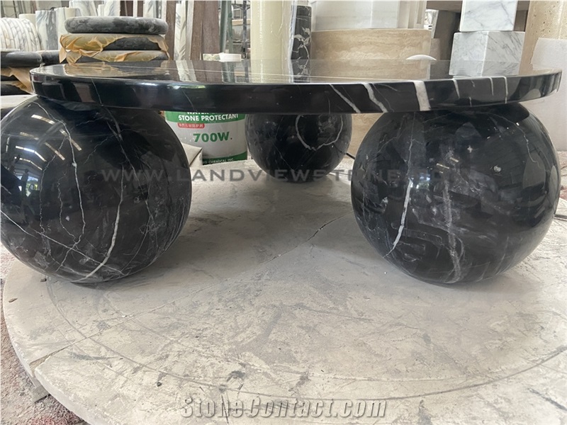 Black Marquina Marble Coffee Table With 3-Sphere Base