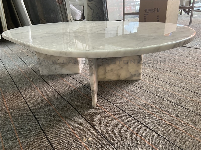 Carrara White Marble Oval Coffee Table With Angled Base
