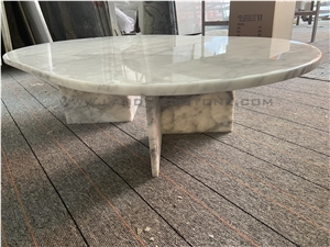 Carrara White Marble Oval Coffee Table With Angled Base