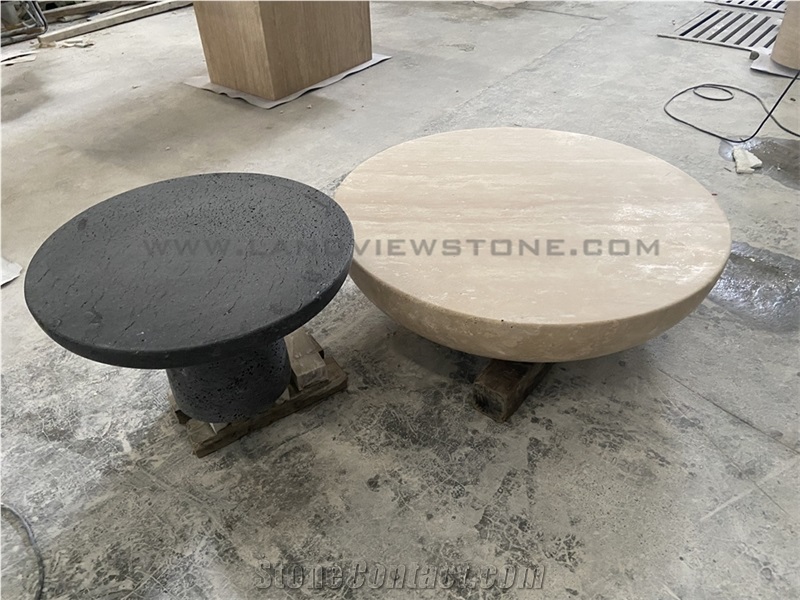 Geometry Design Drum Carved Round Travertine Coffee Table