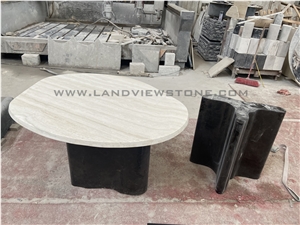 Ivory White Travertine Dining Table With Tri Cylinder Base