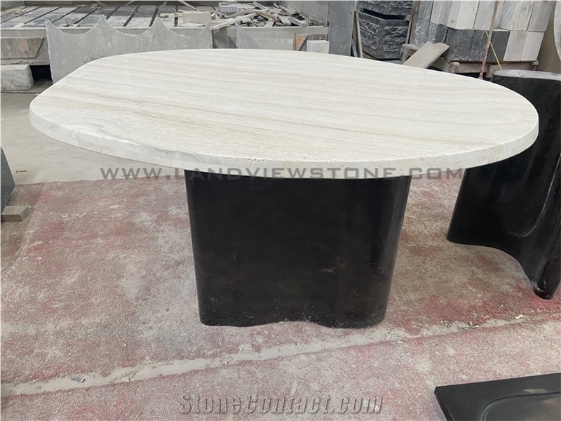 Ivory White Travertine Dining Table With Tri Cylinder Base
