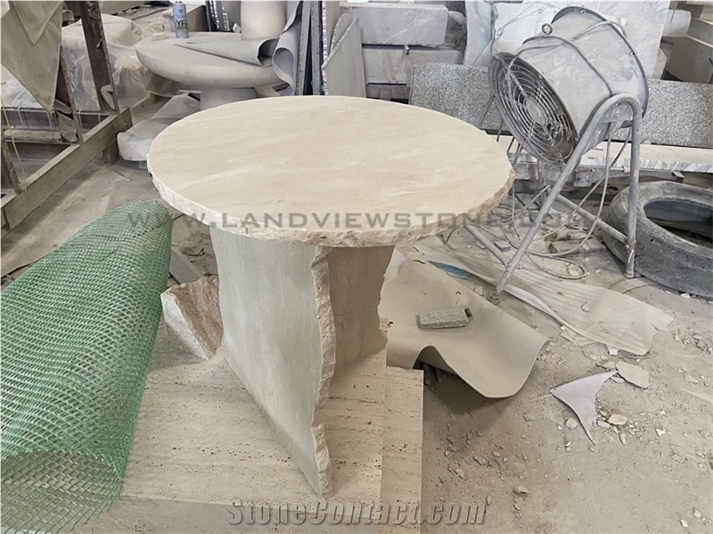 Mineral Sculptural Off White Travertine Side Table