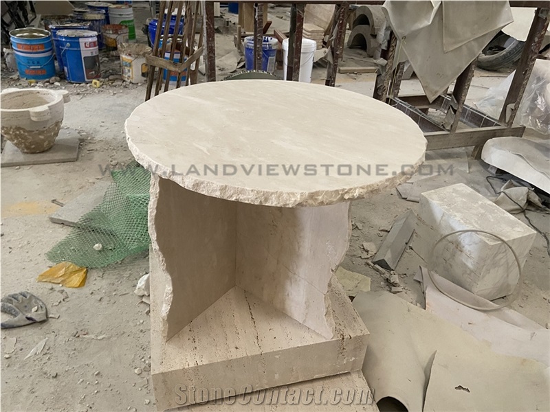 Mineral Sculptural Off White Travertine Side Table