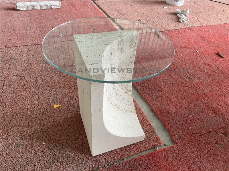 Off-White Vintage Travertine Side Table With Glass Top