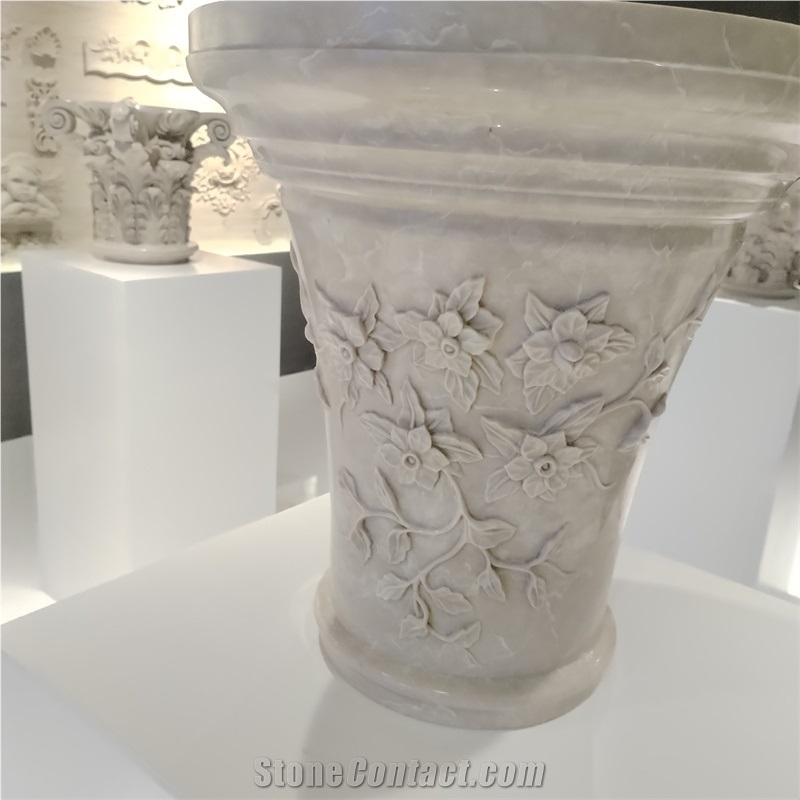 White Marble European Style Column Tops With Carving Flowers
