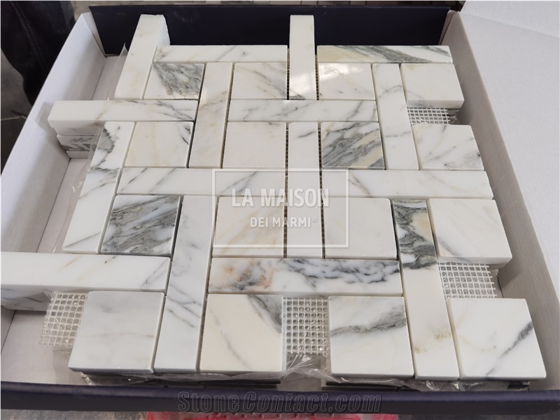 Arabescato Polished Natural Marble Basket Wave Mosaic Tiles