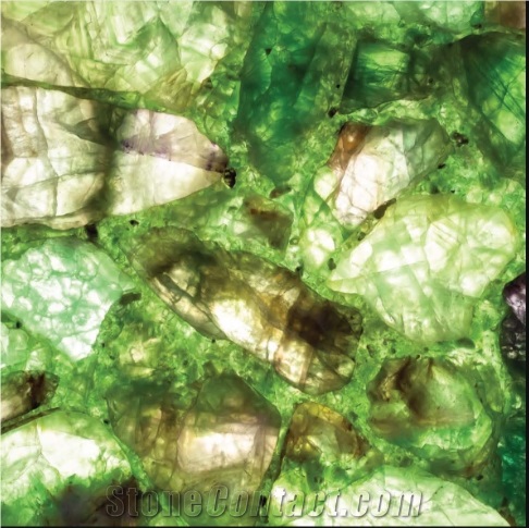 Backlit Green Crystal Quartz Semiprecious Slabs, Wall Panels