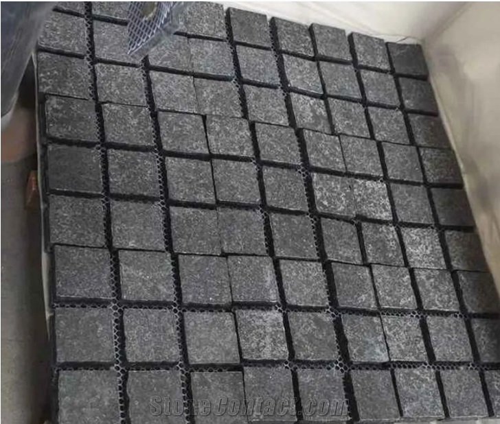 Cheap Black Granite Cobble Stone Cubes Paving,Pavers On Mesh