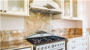Onice Miele Kitchen Countertop, Island And Backsplash