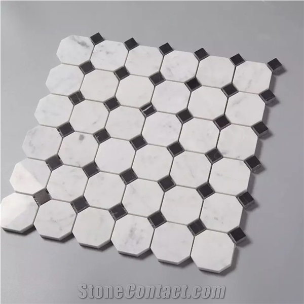 Bianco Carrara Marble Nero Marquina Octagon Mosaic Tiles