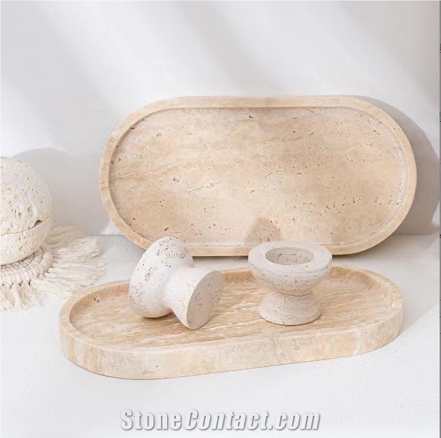 Beige Travertine Serving Tray Round Tray For Home Decor