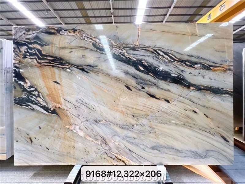 Golden Flame Quartzite Bookmatched Big Slab Wall Background