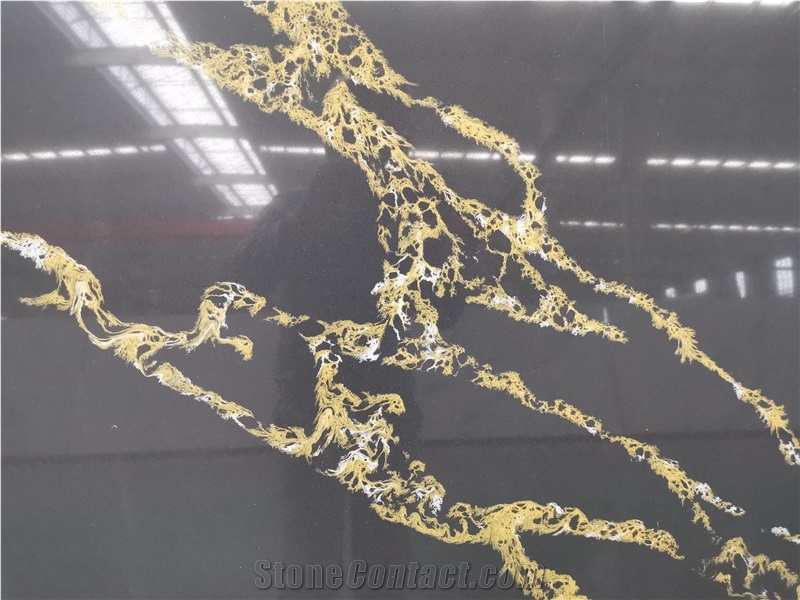 Artificial Calacatta Black Gold Quartz Stone Slab China