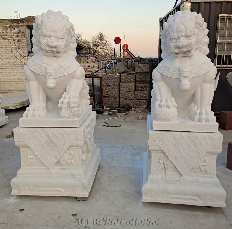 Hand Carved Large White Marble Stone Foo Dog Statues