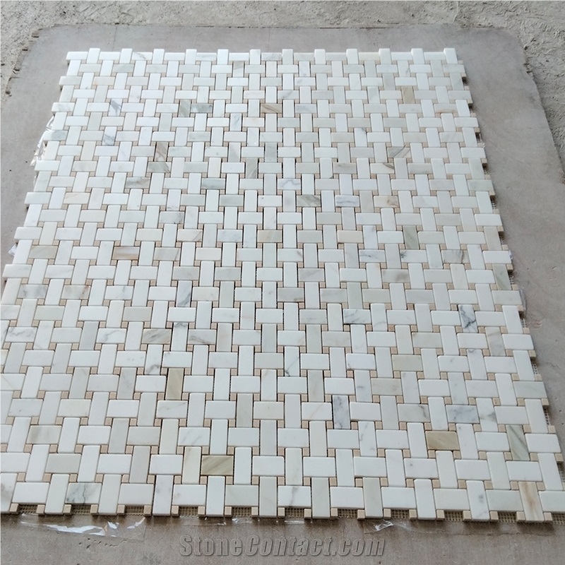 Calacatta And Crema Marfil Marble Basket Weave Mosaics