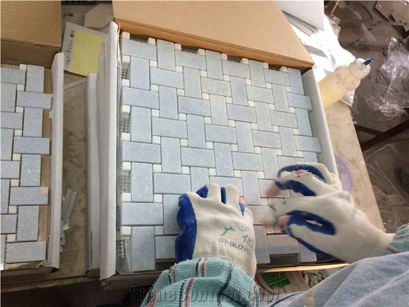 Light Blue Marble Azul Celeste Basketweave Mosaic Tiles