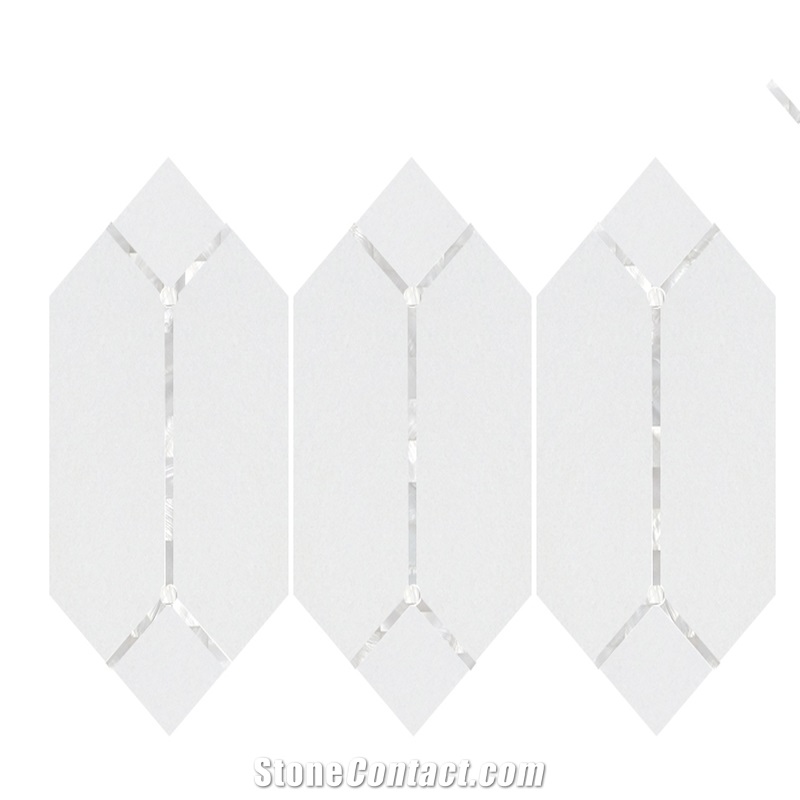 Pure White Thassos Marble And Shell Picket Mosaic Tile