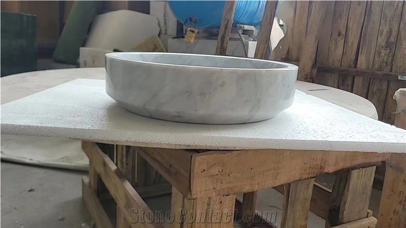 Flute Marble Pedestal Basin Calacatta Round Sink With Faucet