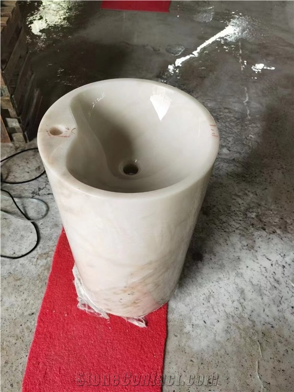 Marble Pedestal Wash Basin Fluted Calacatta Vagli Round Sink