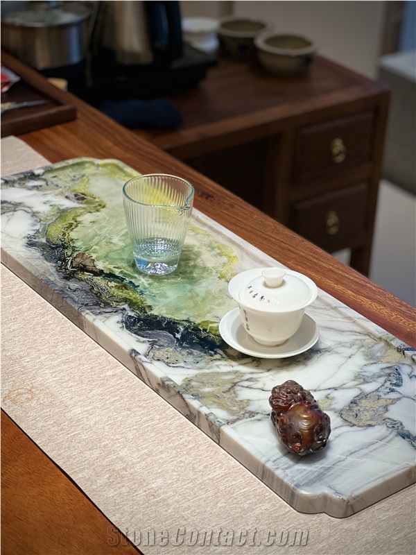 Ice Green White Marble Tea Trays Utensil For Tea Sets