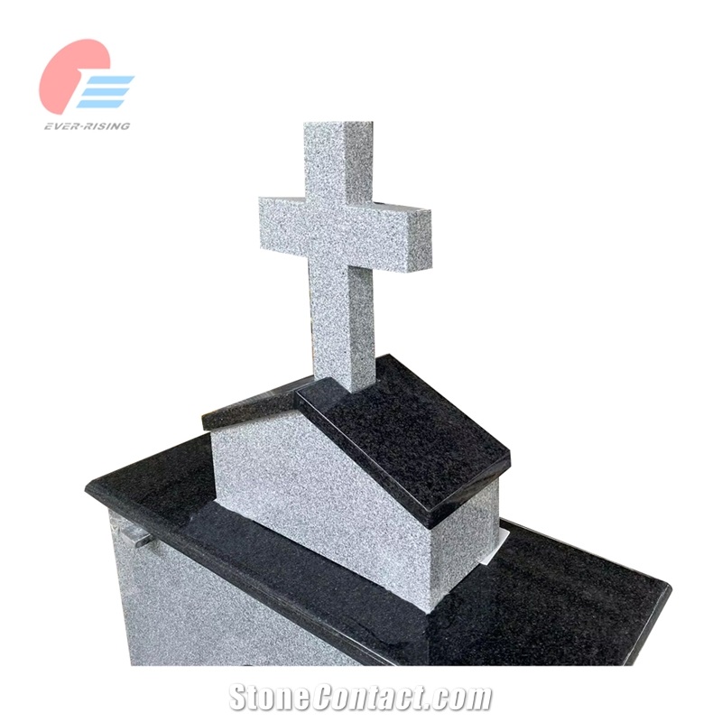 European Style Grey Granite Cross Kerb Set Monument