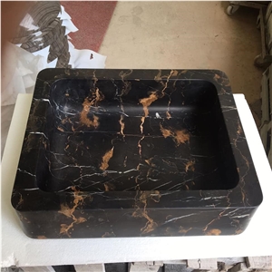 Black Marble Vessel Sink, Black Gold Flower Marble Basin