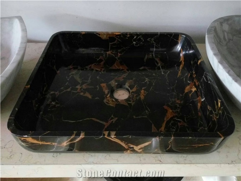 Black Marble Vessel Sink, Black Gold Flower Marble Basin