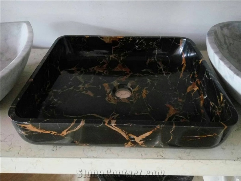 Black Marble Vessel Sink, Black Gold Flower Marble Basin
