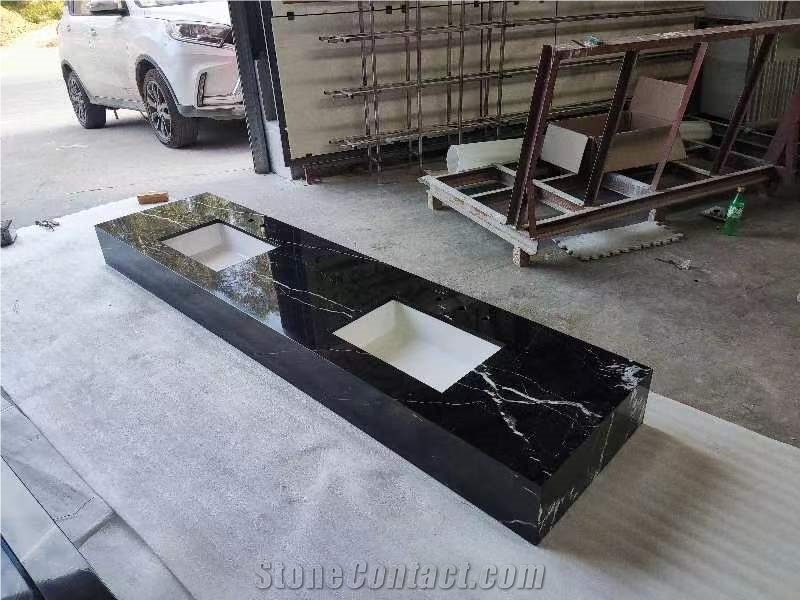 Nero Marquina Marble Integrated Vanity Tops For Bathroom