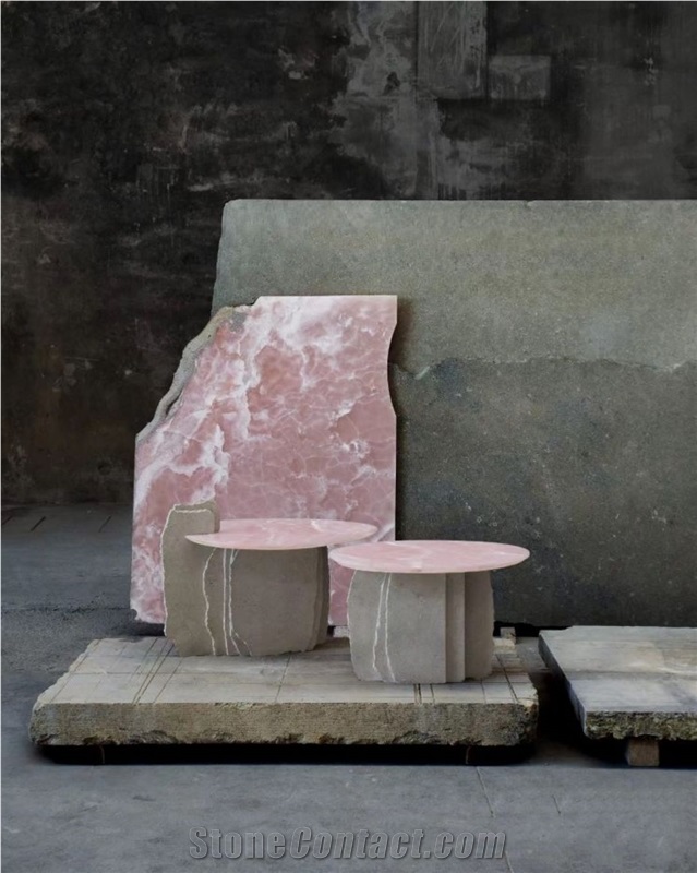 Pink Onyx And Beige Travertine Side Table Interior Design