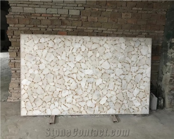 Natural White Crystal Quartz With Gold Leaf Semiprecious Stone Slabs