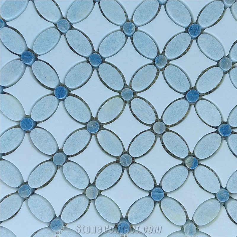Azul Macaubas Blue Celeste Flower Shape Mosaic Tiles