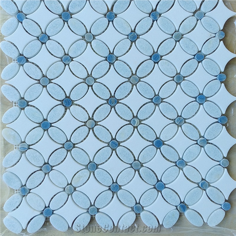 Azul Macaubas Blue Celeste Flower Shape Mosaic Tiles