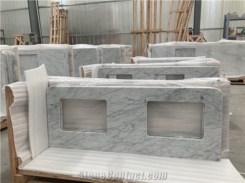 Bianco Carrara White Marble Kitchen Countertop Double Sink