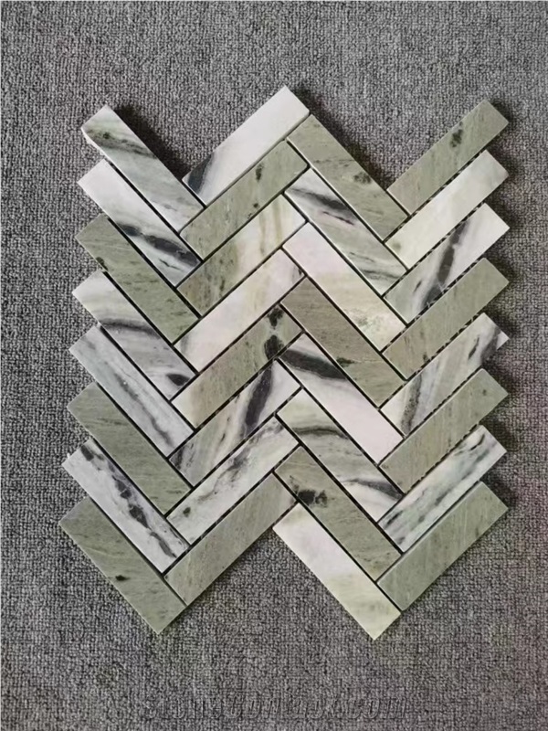 China  Herringbone Mosaic Tile Ice  Green Marble