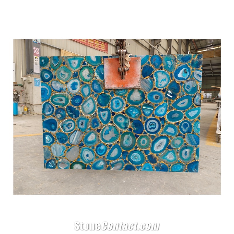Blue Agate With Gold Foil Onyx Gemstone Wall Panels