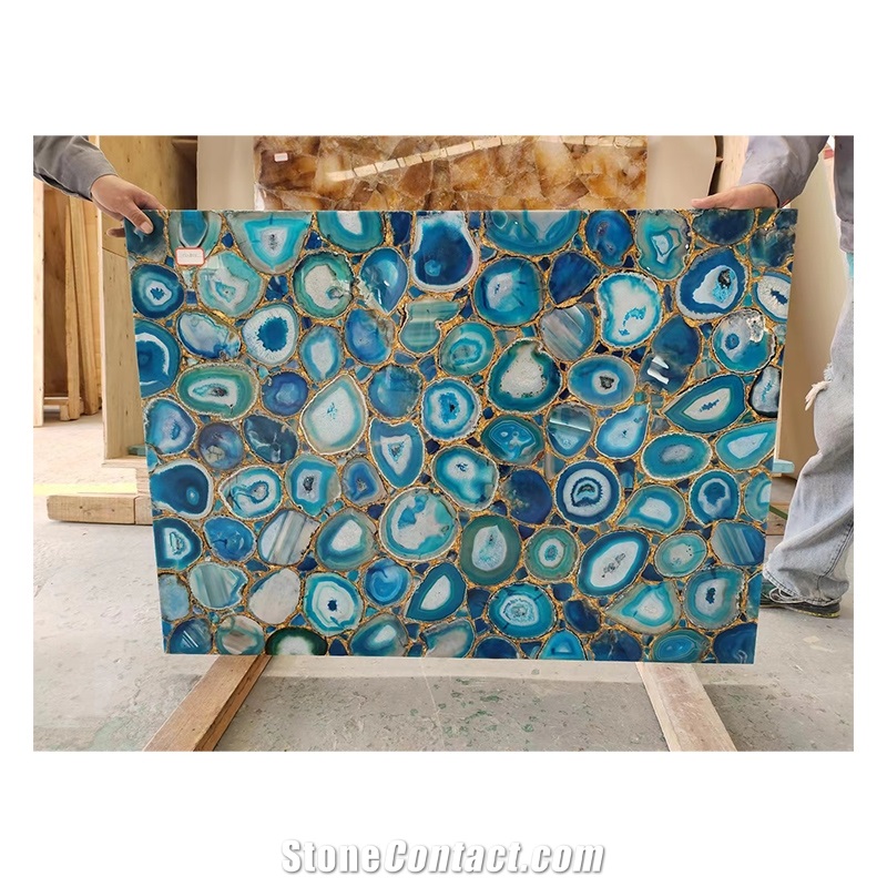 Blue Agate With Gold Foil Onyx Gemstone Wall Panels
