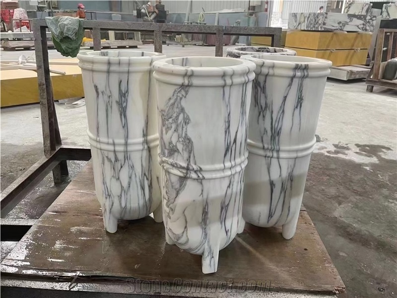 Carved Marble Arabescato Pedestal Wash Basin For Bath Sink