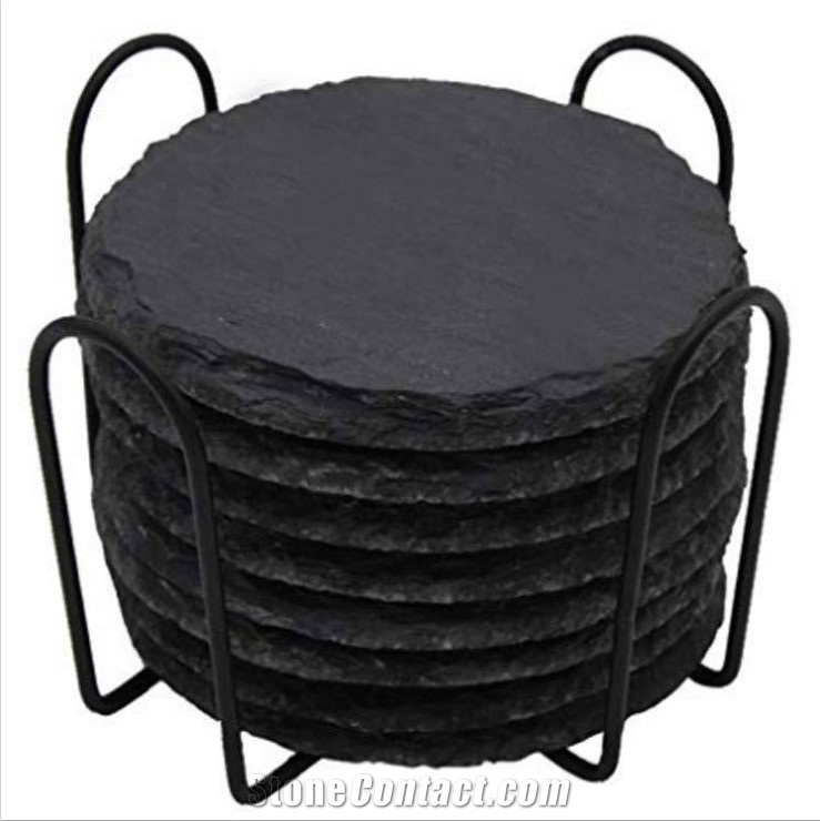 Natural China Slate Stone Round Black Slate Plate Trays