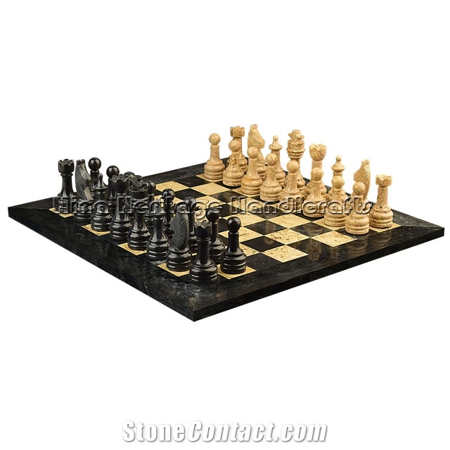 Jet Black & Coral Marble Chess Set Stone Inlay Crafts