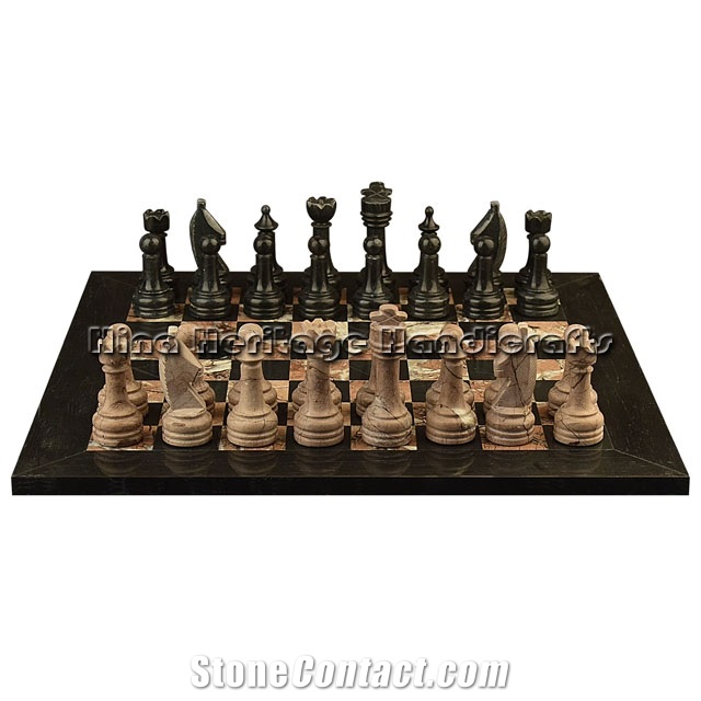 Jet Black & Marina Marble Chess Set Stone Handicrafts