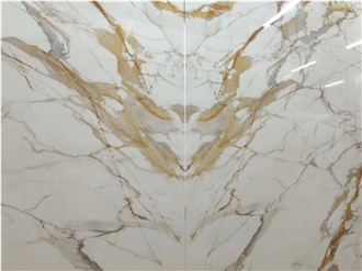 Calacatta Gold Marble Textured Sintered Stone Slabs Bookmatched