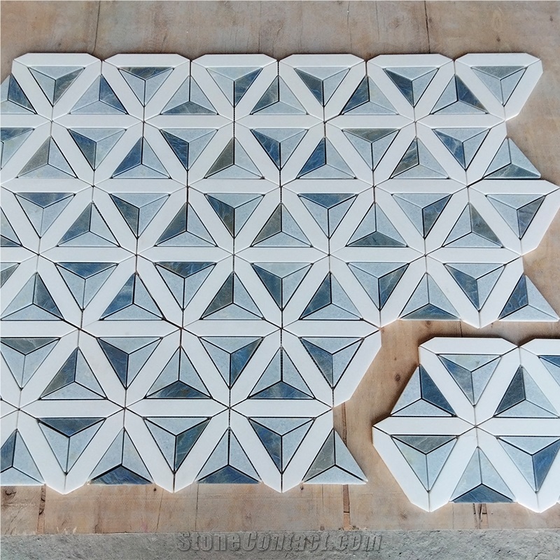 Azul Macaubas + White Marble Quartzite Mosaic Tiles