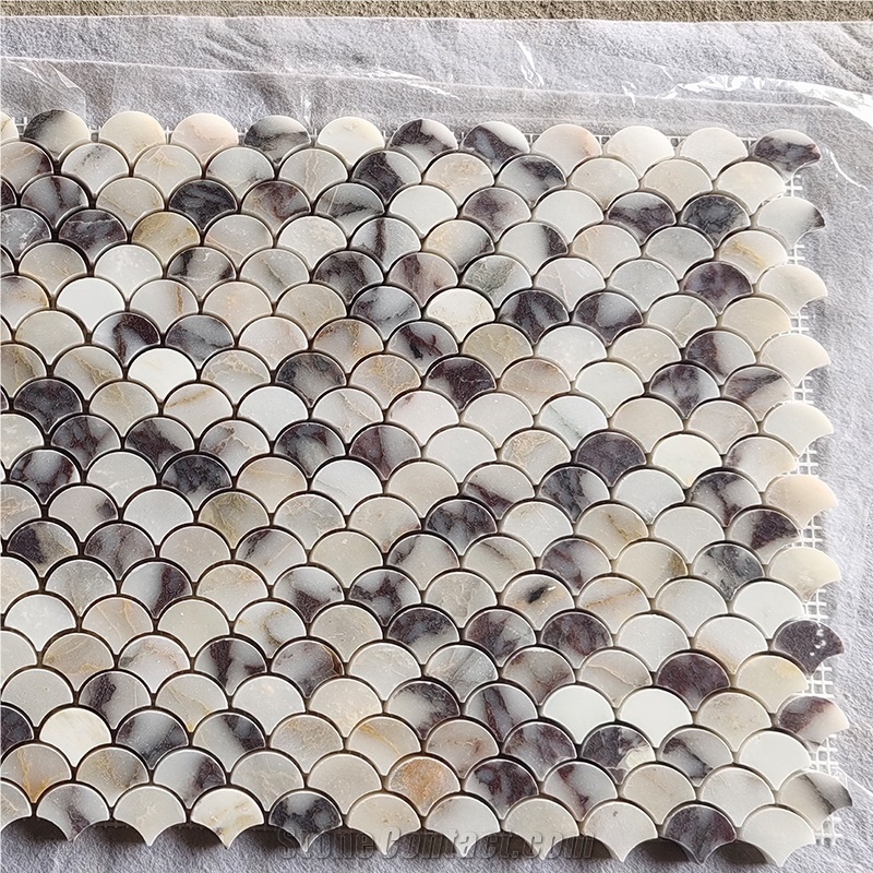 Fans Fishscale Backsplash Mosaic Of Calacatta Viola Marble